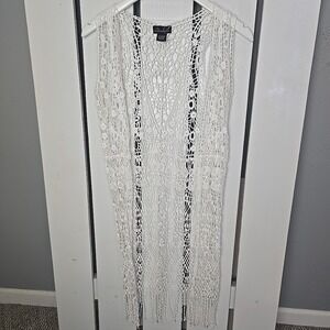 Questions Floral Open‎ Knit Fringe White Cardigan Small Boho Western Festival